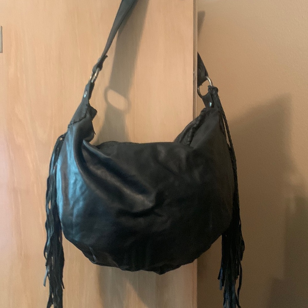 Black Patricia Nash Italian leather fringed hobo bag